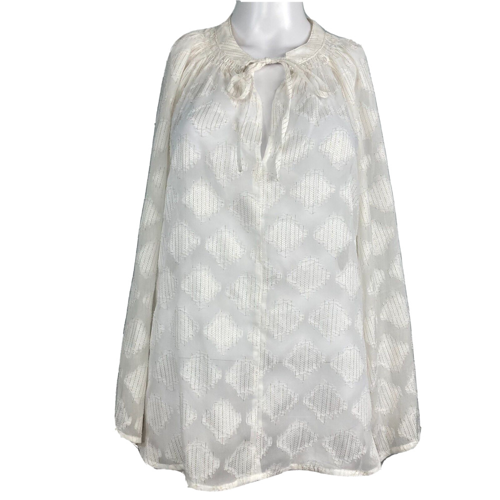 Bishop + Young Shirt Womens Sz XS White Gold Metallic Sheer Pullover Peasant‎